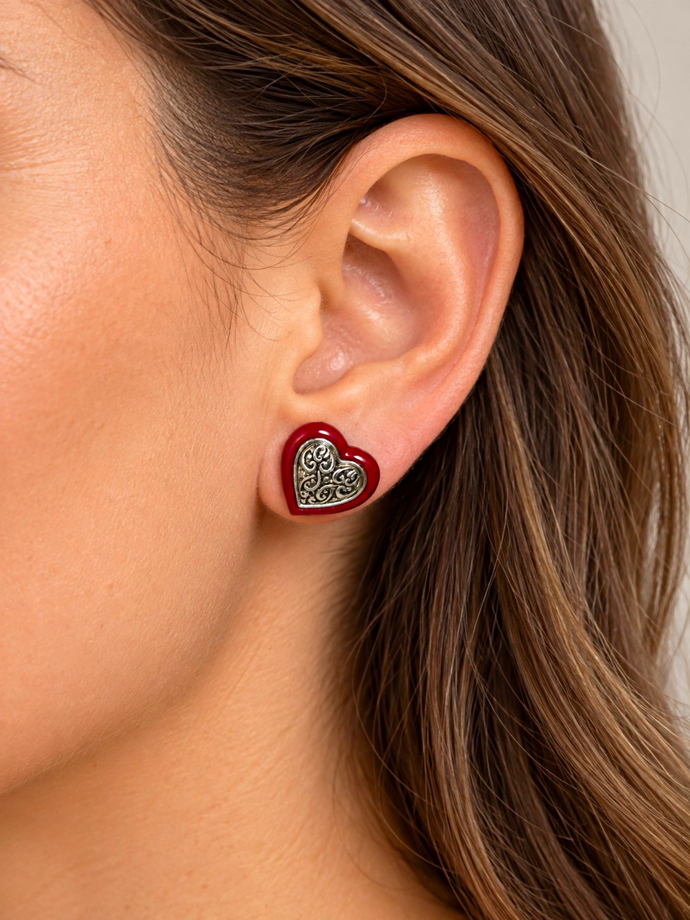 Red Heart Stud Earrings Silver Tone Filigree Vintage Inspired Costume Jewelry